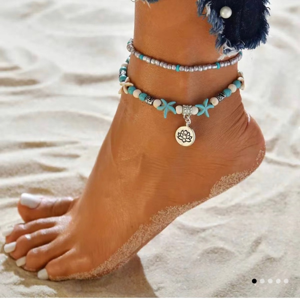 Beaded Ankle Bracelet Lotus Pattern In Round Metal Brand Pendant & Starfish